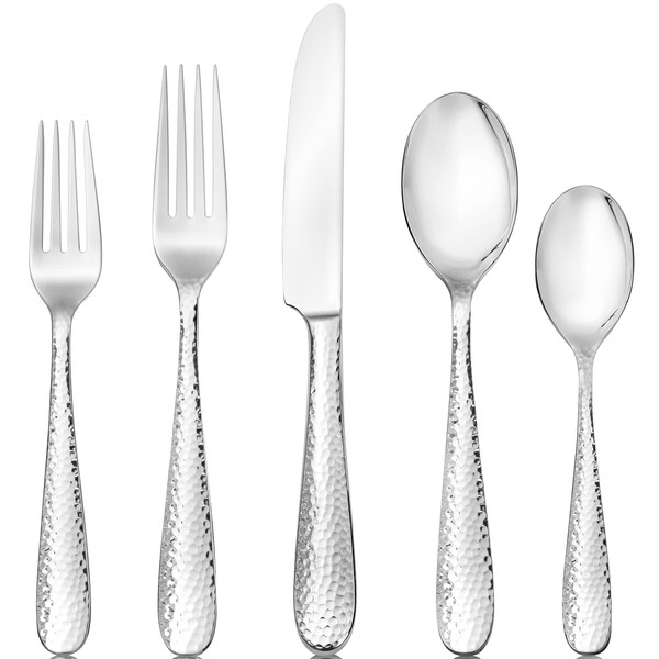 Hudson Essentials 40-Piece Bergamo Hammered 18/10 Mirror Stainless Steel Silverware Cutlery Set, Utensil Flatware Service for 8