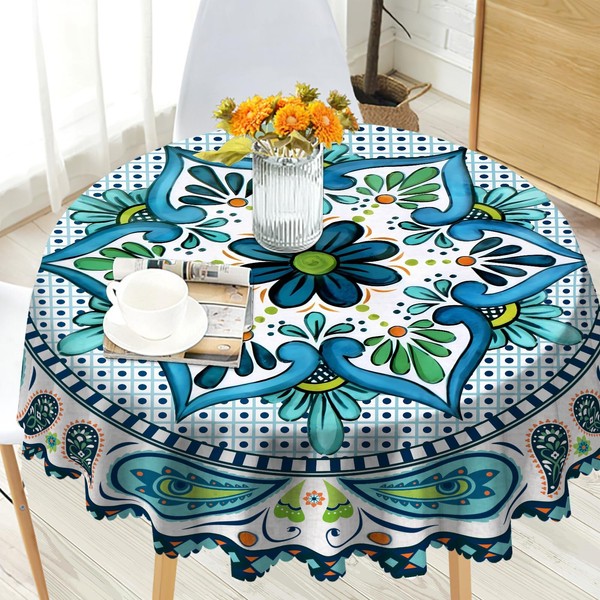 iEvery Round Wipe Clean Tablecloth, Boho Table Cloth Waterproof Wipeable