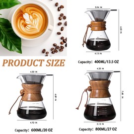 COFISUKI Pour Over Coffee Maker with Reusable Stainless Steel Drip Filter, Lead-Free Borosilicate Glass Coffee Carafe with Modern Wooden Collar for 1-2Cup, Circular Clear (400ml/13.5oz)