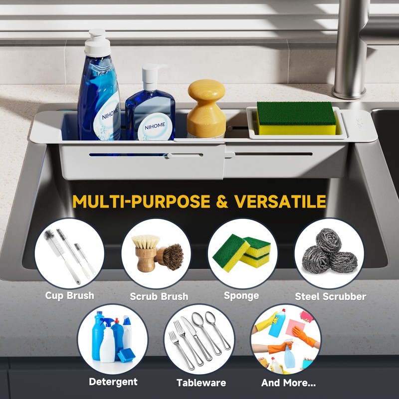 NiHome Extendable Over Sink Kitchen Organizer, Small Telescopic Brush Storage