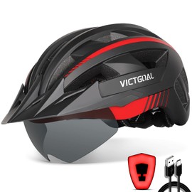 VICTGOAL Bicycle Helmet MTB Helmet with Removable Magnetic Safety Goggles Visor, Breathable with 21 Ventilation Channels, Cycling Helmet, Adjustable Bicycle Helmets (L: 57–61 cm, Black / Red)