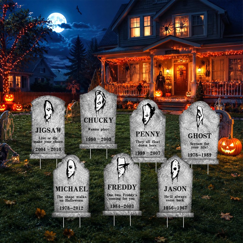 Arosche Halloween Horror Tombstone Plastic Yard Signs 7Pcs with Stakes