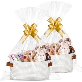 2 Pack Woven Basket with Handles Gift Bags and Ribbons Woven Baskets Storage Empty Decorative Gift Chest Box for Presents Package Gift Baskets Wedding (White)