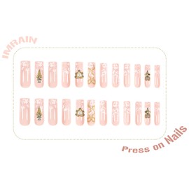 IMRAIN Press on Nails Long Square Fake Nails Nude Glossy Glue on Nails Full Cover White Lace Flower False Nails with Golden Charms & Pearl Heart Designs Cute Acrylic Nail Supplies 24Pcs