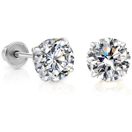 14k White Gold Solitaire AAA Cubic Zirconia Stud Earrings with Secure Screw-backs, CZ Screw Back Earrings for Women (5mm)