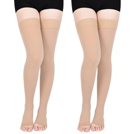 Wegitcs 2Pair 20-30mmHg Compression Stockings for Women, Open-Toe Thigh High Compression Socks, Medical Compression Stockings for Varicose Veins, Swelling, Teacher, Doctor（Beige，XL ）