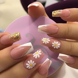 ANDGING French Tip Press on Nails Coffin White Fake Nails with Glue Floral Glitter Glue on Nails with Designs ombre natural Acrylic Manicure False Nail for Women Gel Stick on Nails for Wedding