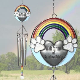 BANBERRY DESIGNS Rainbow Bridge Pet Memorial Windchimes - Wait for Me at Rainbow Bridge Sentiment for Dogs or Cats - Paw Prints Rainbows Blue Sky Design - Approximately 20 Inches Long
