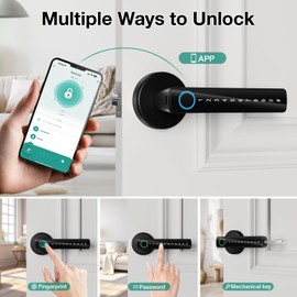 Omlepai Fingerprint Door Lock, Smart Door Knob with keypad keyless Entry Door Handle, Smart APP Fingerprint Door Knob, biometric Door Lock for Home Bedroom Hotel Office Apartment (Modern Black 4-in-1)