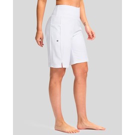 G Gradual Women's 9" Long Swim Board Shorts with Pockets High Waisted Knee Length Beach Swimming Shorts for Women with Liner(White,XL)