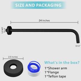 Shower Arm with Flange, 24 Inches Wall Mount Replacement Extension Showerhead Arm For Fixed Shower Head, Matte Black