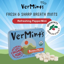 Organic Breath Mints by VerMints, PepperMint Flavor, All Natural, Non-GMO, Nut Free, Gluten Free, Vegan, KSA Kosher, Pack of 6, 1.41oz Tins