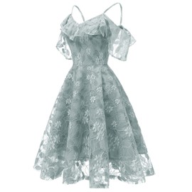 Women Floral Lace Bridesmaid Formal Party Dress Casual Short Prom Wedding Dress V Neck Spaghetti Strap Dress Cold Shoulder Ruffle Sleeve Dress A-Line Short Vintage Homecoming Dresses Blue Gray M