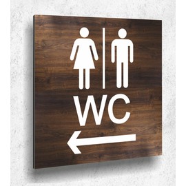 Door Sign with Arrow Left Wood Effect Oak Dark Women Men Wood UV Print 12 x 12 cm 3 mm Aluminium Composite Made in Germany Item No. E 2101