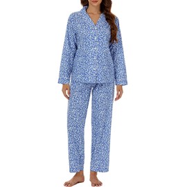 LUBOT 100% Cotton Pajamas for Women 2PC PJ Set Soft Pajama Set Woven Long Sleeve Button-Down Two Piece Printed Sleepwear Loungewear Set (Blue Ripple, M)