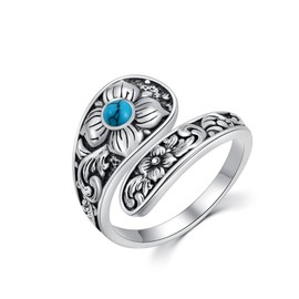Turquoise Rings for Women Adjustable 925 Sterling Silver Filigree Spoon Ring Vintage Flower Rings Thumb Rings Jewellery Gifts for Women, Sterling Silver
