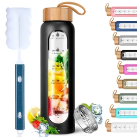 Aqulea Glass Water Bottles 25 Oz with Silicone Sleeve - BPA Free Reusable Wide Mouth Glass Motivational Water Bottles with Fruit Infuser – Leak Proof Borosilicate Water Bottle with Time Marker (Black)