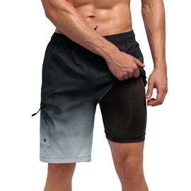 Vogyal Mens Printed Swim Trunks with Compression Liner Zipper Cargo Pockets Bathing Suit Quick-Dry Swimwear, Gradient-Black & Grey, Medium