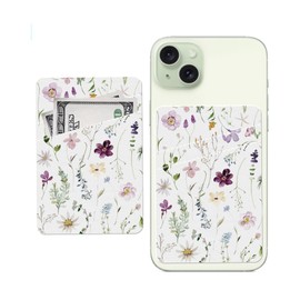 AWHSCP Phone Card Holder, Cute Leather Phone Wallet Stick On, Dual Pocket Credit Card Sticky Wallet, Compatible with Most of Cell Phone, Cute Colorful Flower