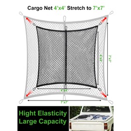 Cargo Net for Pickup Truck Bed, Truck Bed Net, 4' x 4' Stretches to 7'x7' Highly Elastic Cargo Net with 6 Metal Carabiners, Stretchable Mesh Organizer for Pickup Trunk Bed, Ideal for Daily Light Loads