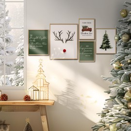 ArtbyHannah Christmas Canvas Wall Art, Framed Christmas Wall Art with 3D Reindeer Nose, 5 Pack Christmas Wall Decor for Christmas Wall Decorations for Living Room, Bathroom(14x11,10x8,8x6)