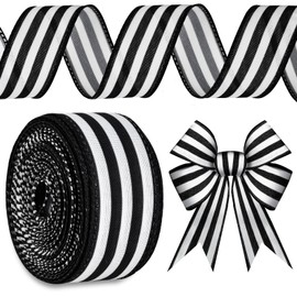 Mupera Black and White Stripe Wired Ribbon - Upgraded Striped Ribbon Boho Christmas Burlap Polyester Ribbons for Gift Wrapping Wreath and Bow Decoration, 1-1/2 inch 10 Yard