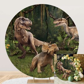 Yeele 5x5ft Dinosaur Round Backdrop Cover 3D Dinosaur Jungle Forest Polyester Photography Background for Newborn Baby Shower Boys Theme Birthday Party Banner Supplies Portrait Photoshoot Props