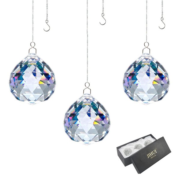 JIHUI Crystal Prism Ball Window Suncatcher Rainow Maker 30mm/1.18 inches with Chain for Easy Hanging Pack of 3