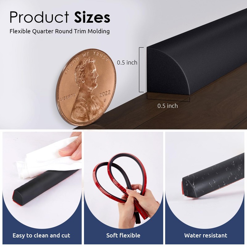 Flexible Quarter Round Molding, 118 Inch Peel and Stick Rubber