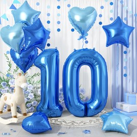 Balloons Number Balloons Birthday 10th 40 Inch Big Number 10 Heart Star Star Foil Balloons Set of 10 Decoration Anniversary Party Girls Boys Blue Blue