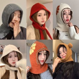 Imported Women's Balaclava Hooded Scarf Hat lf3232 Winter Scarf Bow Tie Hood - Beige 4ea