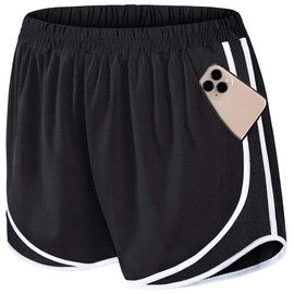 Fulbelle Pantalones cortos deportivos elásticos de doble capa para correr con bolsillos, Negro, S