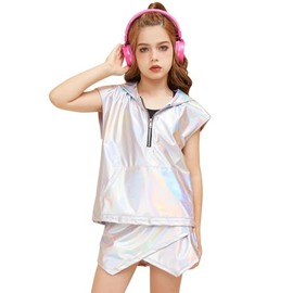 Perfashion Girls Vest Silver Metallic Hoodie Disco Party Kids Sparkly Tops Leather Jackets Rave Outfits Size 8 10