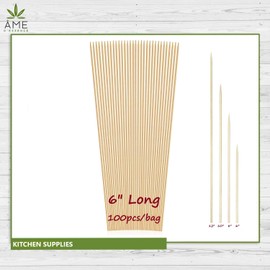 (6"L x 100PCS) Bamboo Skewers Heavy Duty Wooden Skewers Hot Dog Forks Heavy Duty Kebab Skewers Great Campfire Accessories