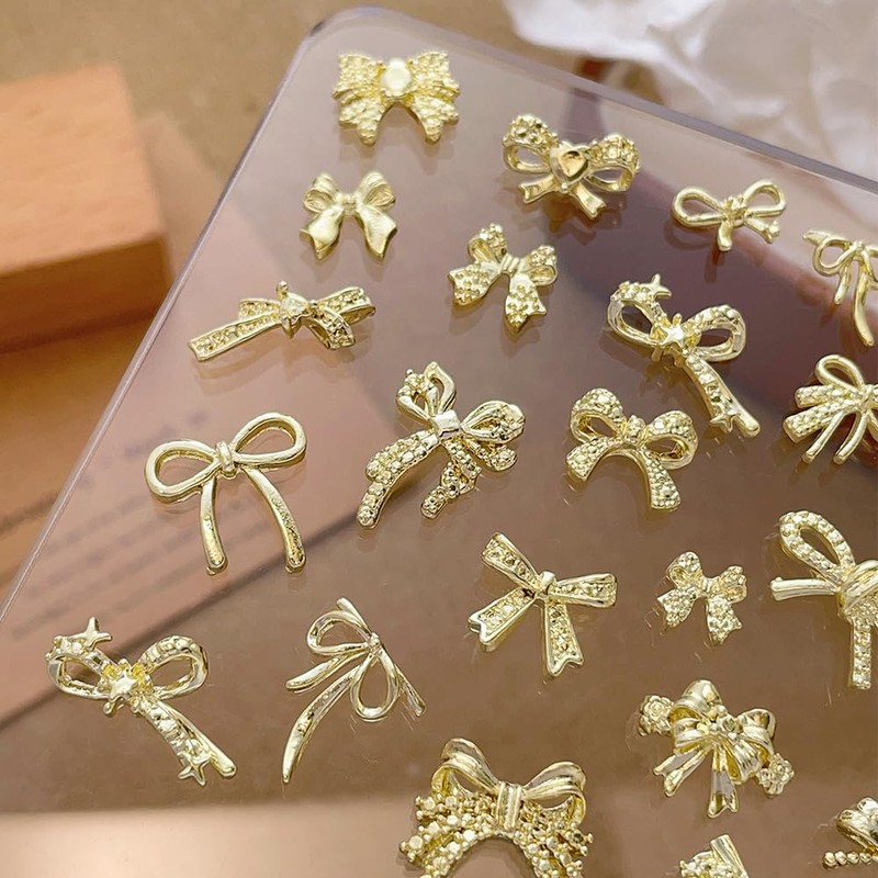 34 Pezzi Metallo Bow Nail Charms Oro 3D Dolce Fiocco