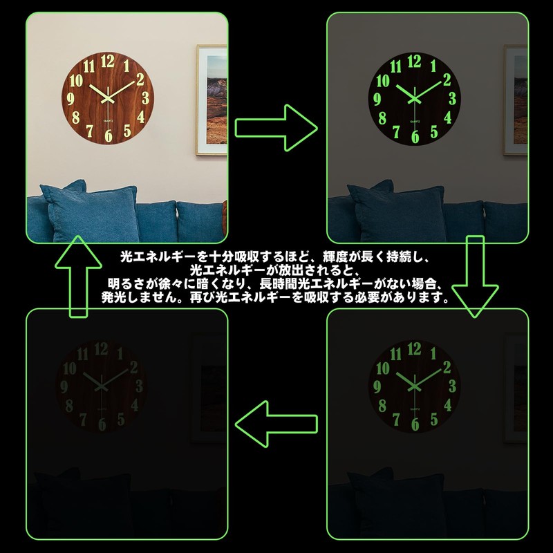 lanzoub Wall Clock, Wooden, Luminous Wall Clock, Silent, Stylish, Continuous