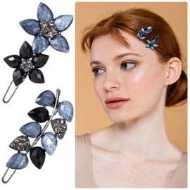 HINZIC 2Pcs 2inch Gray Black Crystal Rhinestone Hair Clips Vintage Small Flower Snap Clips Sparkly Decorative Hair Barrettes Wedding Engagement Prom Hair Accessories for Women Bride