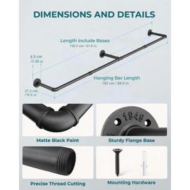 RSFMAS Wall Mounted Clothes Rack, Industrial Pipe Clothing Hanger 60 Inch Black, Heavy Duty Wall Mount Closet Rod for Bedroom, Entryway, Laundry Drying Rack, Retail Display Clothes Rod