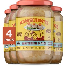 Manischewitz Whitefish & Pike Gefilte Fish in Liquid Broth, 24oz (4 Pack) | All Natural, Packed with Protein, No Added MSG, Kosher for Passover