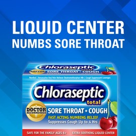 Chloraseptic Sugar-Free Total Sore Throat & Cough Lozenges, Wild Cherry, Cough Drops with Liquid Center to Numb Sore Throat for Up to 4 Hours, 15 Count, Pack of 6