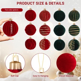 12 Pcs Velvet Christmas Balls 2.4 Inch Xmas Tree Topper Red Green Ornaments Flocked Plastic Shatterproof Bulbs Decorative Hanging Baubles Set Velvet for Outdoor Indoor Decorations (Red)