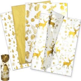 LIAPAWPAW Christmas Tissue Paper Gift Wrap, 60 Sheets Metallic Gold Tissue Paper for Gift Bags Packing Crafts, Luxury Deer Christmas Tree Wrapping Tissue for Xmas Winter New Year Holiday Decor,20x14in