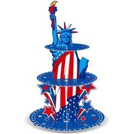 Roshtia 4th of July Cupcake Stand 3 Tier Patriotic Cardboard Cupcake Holder Independence Day Statue of Liberty Dessert Tower Holder for Labor Day Veterans Day Memorial Day Party Table Decor Supplies