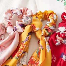 Qigfucm Boho Hair Scarf Scrunchies, 12” Floral Satin Bow Ties Long Bandana, French-Inspired Cheetah Ribbon Ponytail Holder Hair Accessories (Floral, 4 Pack)