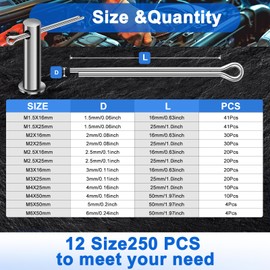 LRVOJUY 250PCS Cotter Pin Assortment Kit, 12 Sizes, 304 Stainless Steel, Hardware Pins for Trailer, Truck, Tractor, Automotive, Hitch and Locking Systems