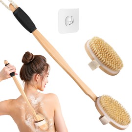 Vafada Wood Body Brush Set,20.6’’ Long Handle Bath Body Back Scrubber Soft & Stiff Bristles Detachable 2 Brush Heads Gentle Exfoliator Remove for Wet & Dry Use
