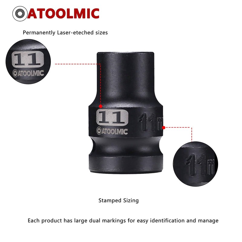 ATOOLMIC Shallow Impact Socket, Metric, 1/2-Inch Drive, 11mm,6 points(Shallow AT1211S)