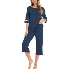 GYS Womens Pajama Set - Viscose Made from Bamboo, 3/4 Sleeve Capri Pajama Set Soft 2 Piece Sleepwear Pjs Lounge Set, Light Navy, X-Large
