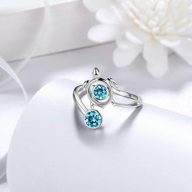 Aurora Tears Turtle Adjustable Rings 925 Sterling Sliver Animals Open Ring Blue Aquamarine March Birthstone Jewellery Gifts with Cubic Zirconia for Women DR0084M