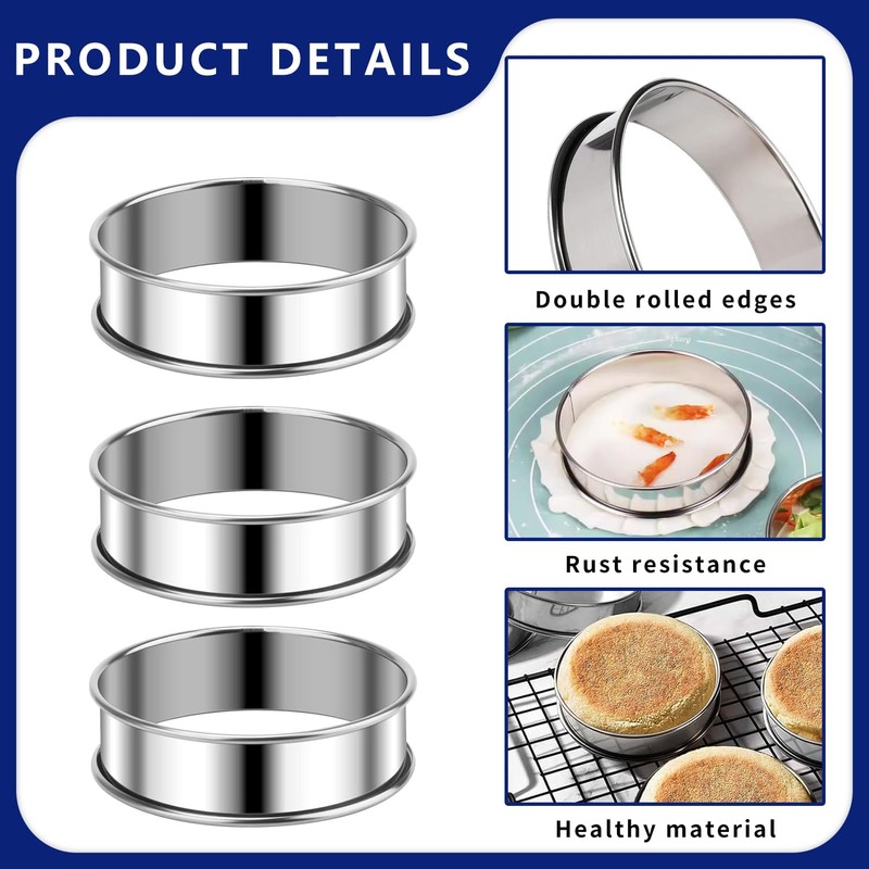 Kaquxibix 6-Piece Stainless Steel Muffin Ring Set, 8.5cm Non-Stick Baking